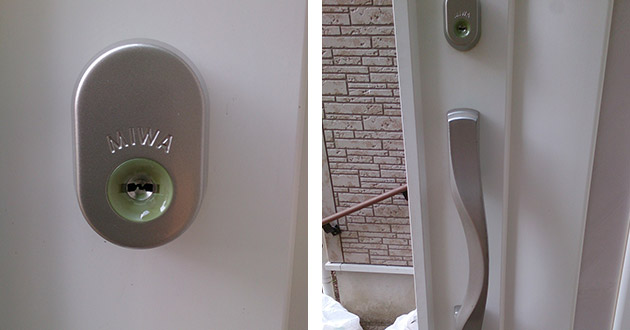 新しいMIWAの鍵に取り替えた玄関ドア