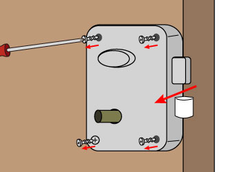 4.室内側の錠ケースを固定している4ヶ所のネジを外します。
