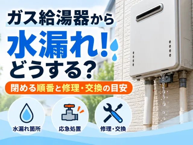 外壁のガス給湯器の配管から水が落ちている写真。「ガス給湯器から水漏れ！どうする？」「閉める順番と修理・交換の目安」の文字と、水漏れ箇所・応急処置・修理・交換のアイコンが入ったアイキャッチ画像