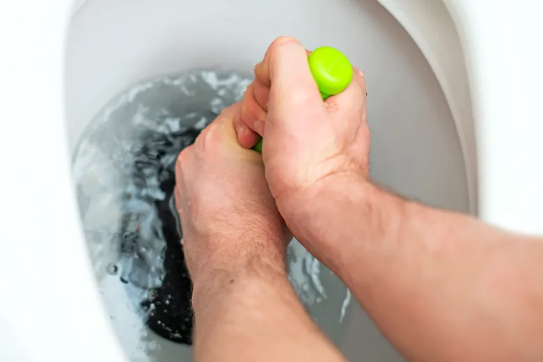 トイレでスッポン(ラバーカップ)を使う様子